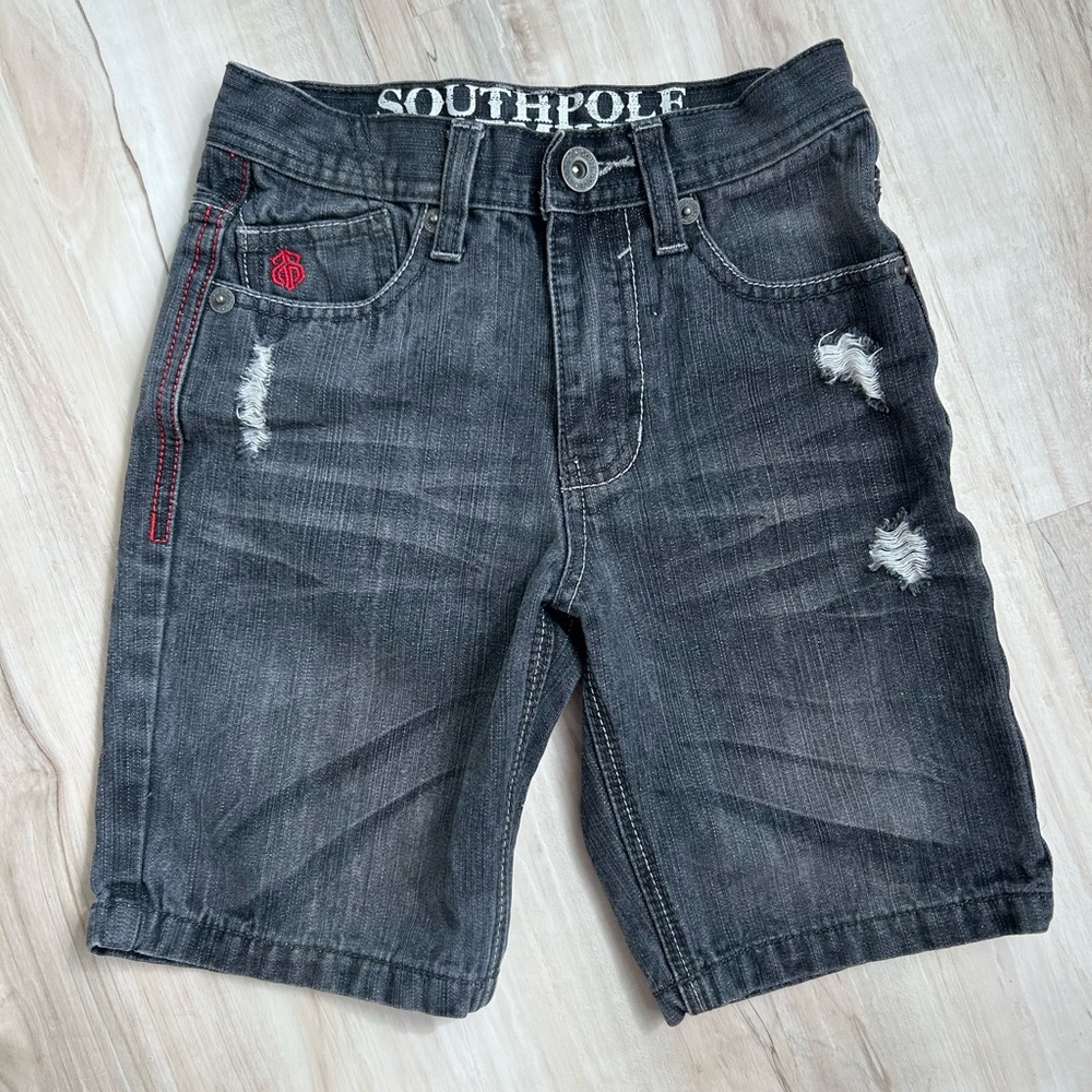 South Pole Kids Black Denim Shorts with Red Stitching